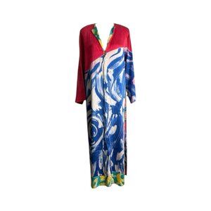 1980s Abstract Long Sleeve Maxi Silk Dress By Oscar de la Renta